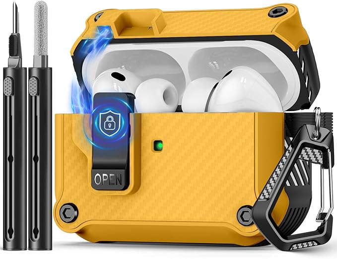 Pohgelan Compatible with AirPods Pro 3 Case,Magnetic Automatic Lock with Cleaning Kit,Compatible with Magsafe,Carbon Fiber Texture Cover-Yellow