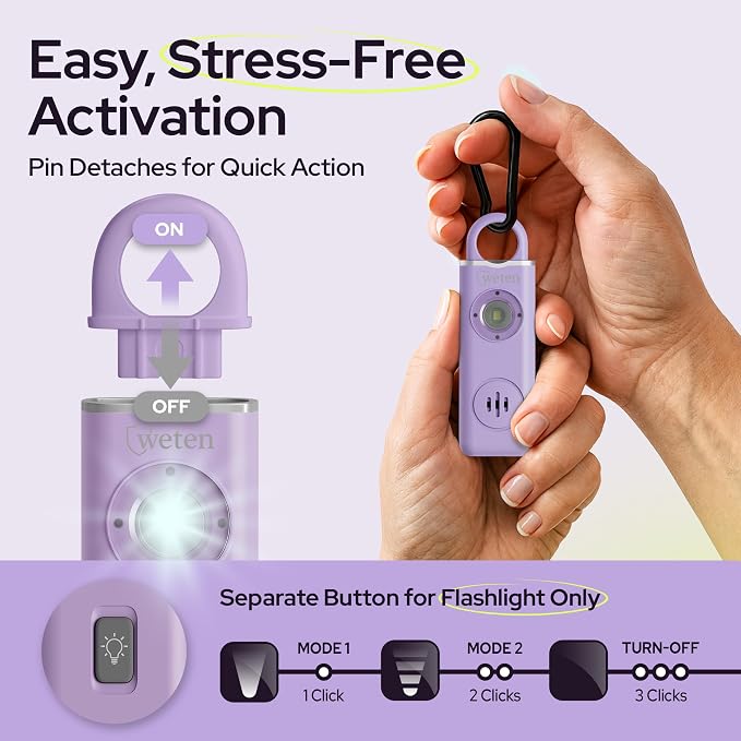 Personal Alarm for Women Safety - 130dB Loud Rechargeable Keychain Siren - LED Light, Carabiner Clip, Low Battery Alert, USB-C Charging TSA Safe Self Defense Alarm by Weten (Lavender)