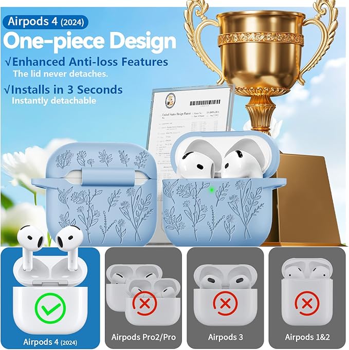 for Airpods 4 Case, Ekoonpft Flower Engraved Cases for Apple AirPods 4th Generation 2024, Soft Silicone Cover for Women Girly with 3-in-1 Cleaner Kit, Keychain, Military Grade Protection