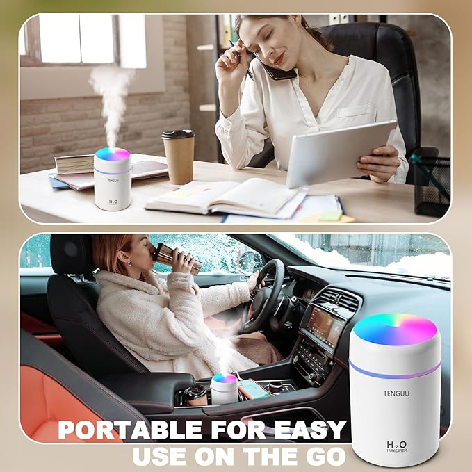 Portable Mini Humidifier, 300ml Small Cool Mist Humidifier, USB Personal Desktop Humidifiers for Bedroom Car Office Home, Auto Shut-Off, 2 Mist Modes, Super Quiet, White
