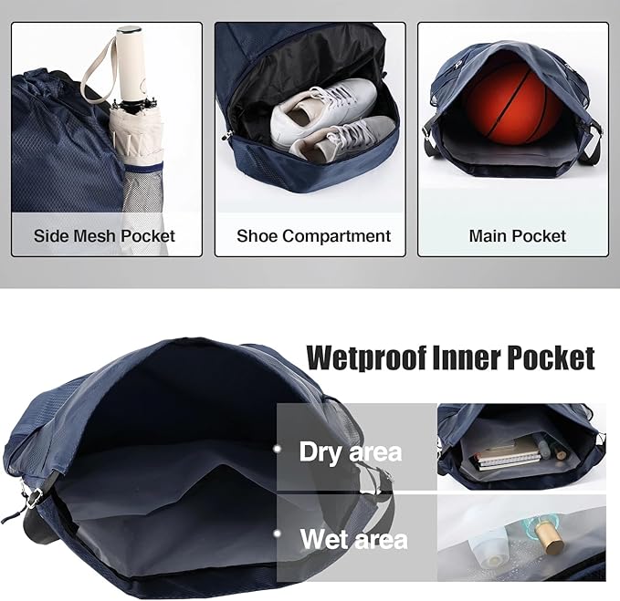 6 Pack Gym Drawstring Backpack Bags Bulk with Shoe Compartment for Sports Wet Proof Pocket for Men Women Large(Grey, Navy Blue)