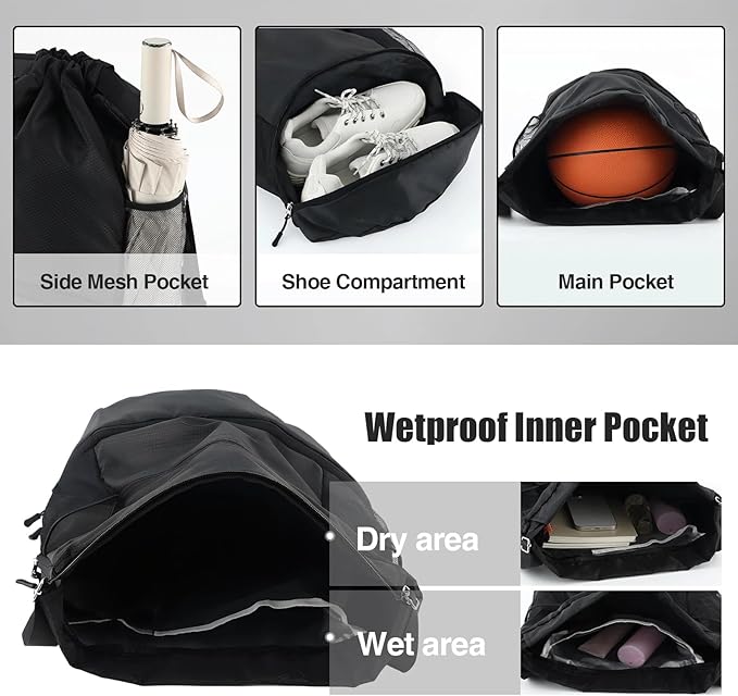 6 Pack Gym Drawstring Backpack Bags Bulk with Shoe Compartment for Sports Wet Proof Pocket for Men Women Large(Black)