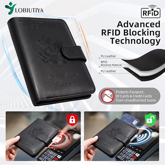 Passport Holder For Travel with Slot for AirTag & Luggage Tag Cover – RFID Blocking Travel Passport Wallet for Women/Men/Family | PU Leather Passport Case with Extra Money Pocket, Black