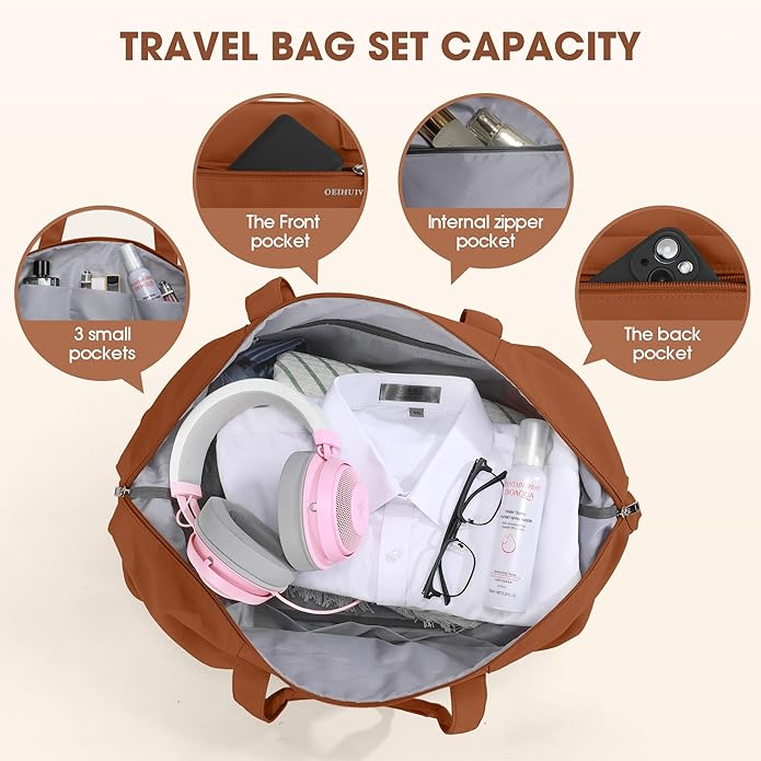 Women's Weekender bag Travel Duffel Bag with Shoe Compartment 21-inch Airline-Approved Carry-On, 2-Piece Overnight Bag Set Personal Item Luggage