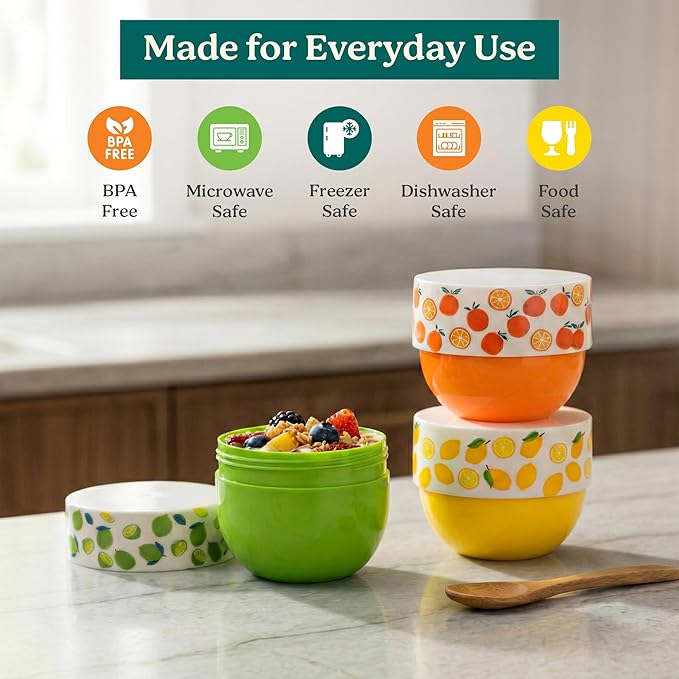 Snack Containers (4 Set) - 4.75 Oz Small Food Storage Cups with Lids - Fruit, Nuts, Sauce, Condiments & Salad Container for Lunch Box - (3 COLORS-5 Oz)