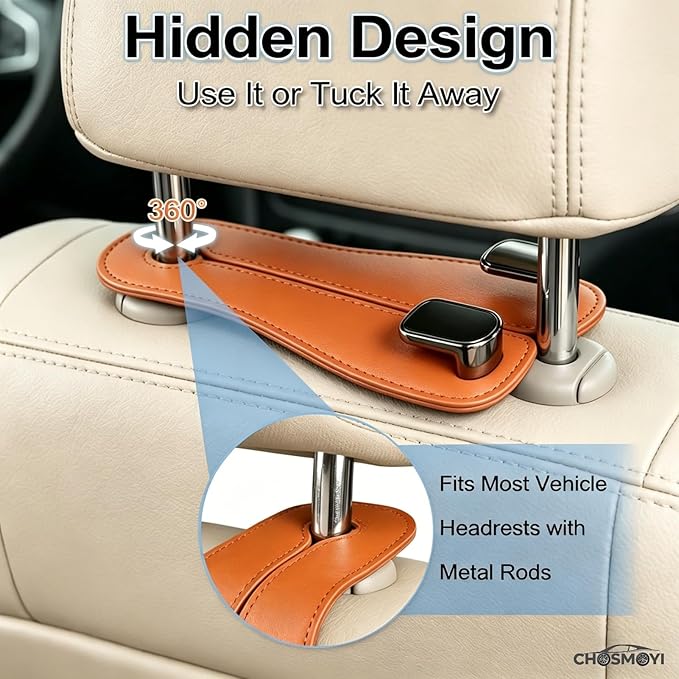 CHOSMOYI 2 Packs Car Seat Hooks, Leather Car Headrest Hook, Car Purse Hook Seat Back Hanger Storage Organizer, Car Hook for Purses and Bags(Coral Orange)