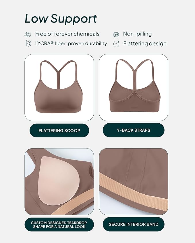 PAVOI ACTIVE Yoga Racerback Bras for Women - Buttery Soft Low Support Scoop Neck Y-Back Thin Strap Sports Bra - FlexFlow