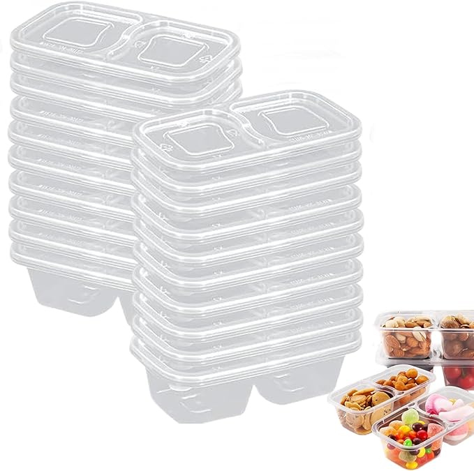 Snack Containers with Lids - 20PCS Reusable Double Compartment Condiment Containers for Portion Control, Microwave Safe Meal Prep Snack Containers for Lunch, Picnics, Parties
