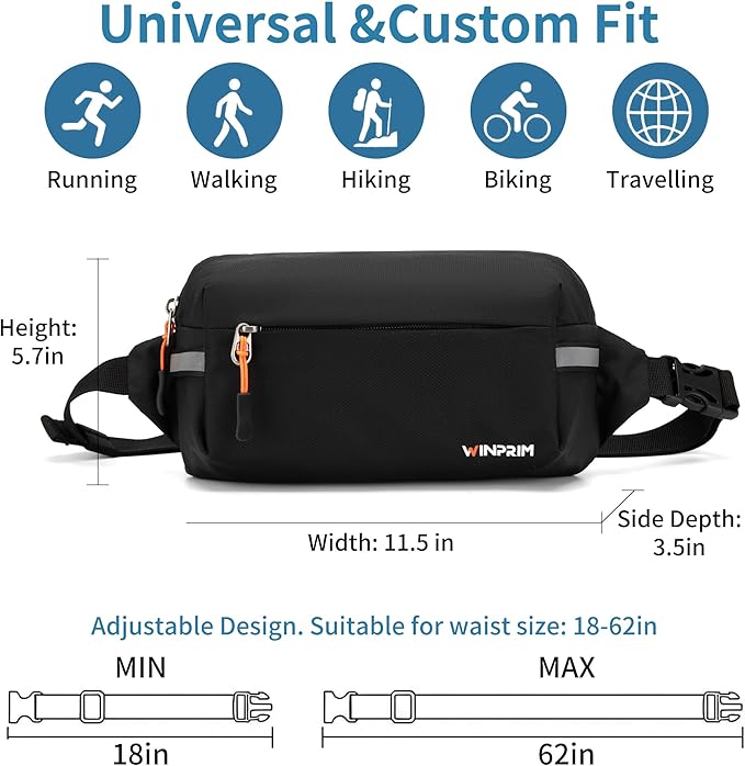 Fanny Pack for Men Women 2L Lightweight Waist Belt Hip Bag Slim Crossbody Sling Bag Adjustable Water Resistant Bum Belt Pouch for Travel Running Shopping Hiking Cycling Climbing EDC BLACK
