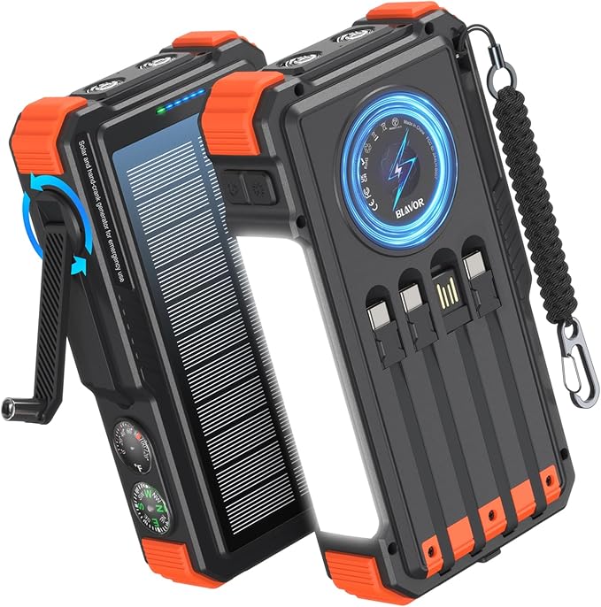 BLAVOR Solar Power Bank with Hand Crank and 4 Cables, 20000mAh Wireless Portable Charger with USB C & Camping Light, 20W Fast Charging Battery Pack for iPhone, iPad, Samsung, All Mobile Phones