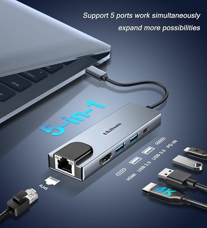 USB C Hub 5 in 1 Multiport Adapter, USB C Hub with 4K HDMI, Ethernet RJ45, 100W PD Charging, USB 3.0 Ports, Type C Docking Station for MacBook Pro Air, iPad, Laptop