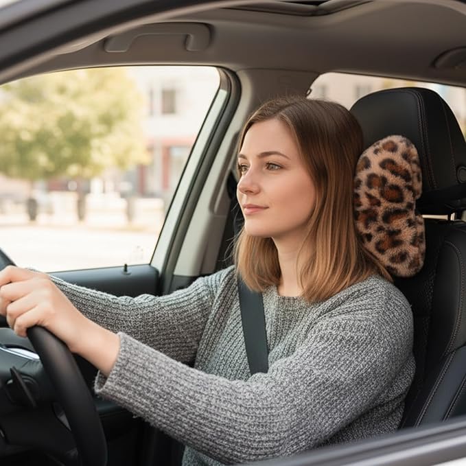 Macarrie 2 Pcs Car Neck Pillow Velvet Bow Headrest Pillow Soft Comfortable Seat Neck Support Cute Bow Car Accessories for Driving Travel Driver Chair Girl Style Interior Decor (Leopard)