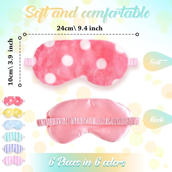 Cuffbow 6 Pack Plush Sleep Mask Set, Cute Plush Eye Masks for Sleeping, Soft Comfortable Travel Nap Blindfold, Sleepover Party Favors for Women(Lazy,Bright)