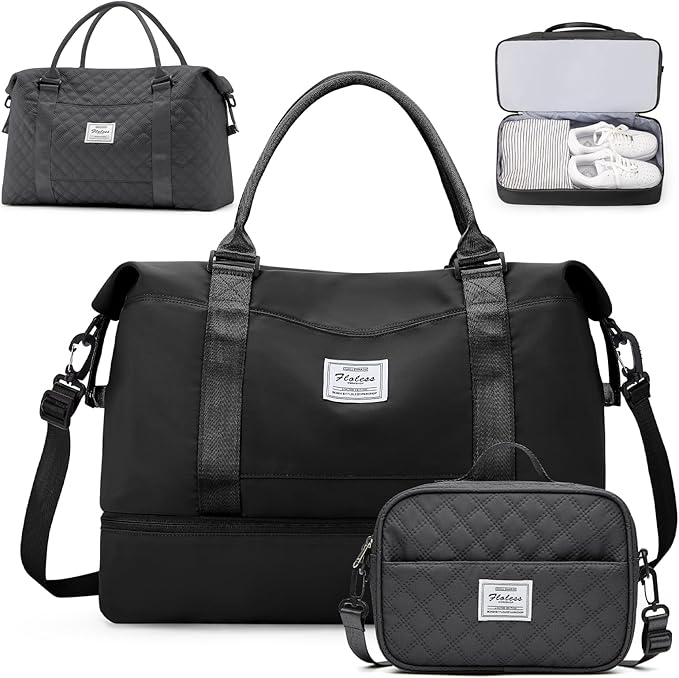 Weekender Bags for Women,Extra Larg Travel Duffle Overnight Bag with Shoe Compartment,Personal Item Carry On Bag,Black,3 Pcs Set