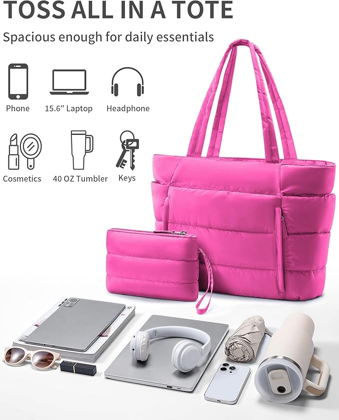 Bagstellar Puffer Tote Bag for Women, Lightweight Puffy Work Handbag Teacher Nurse Quilted Shoulder Bag for School Travel Gym | Cloud Bag w/ Zipper