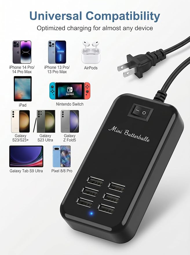 USB Charger Station, 6 Port Desktop Charging Station for Multiple Devices, Wall Power Strip with Switch