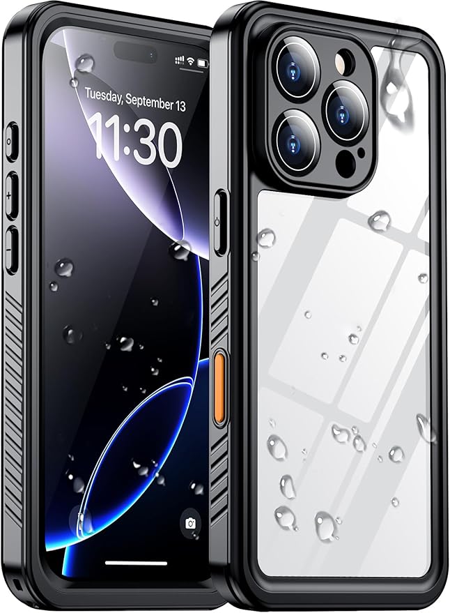 Compatible with iPhone 16 Pro Case Waterproof, Built-in Screen & Camera Protector IP68 Underwater Full Body 16FT Military Dropproof Shockproof Phone Case 6.3"-Black/Clear