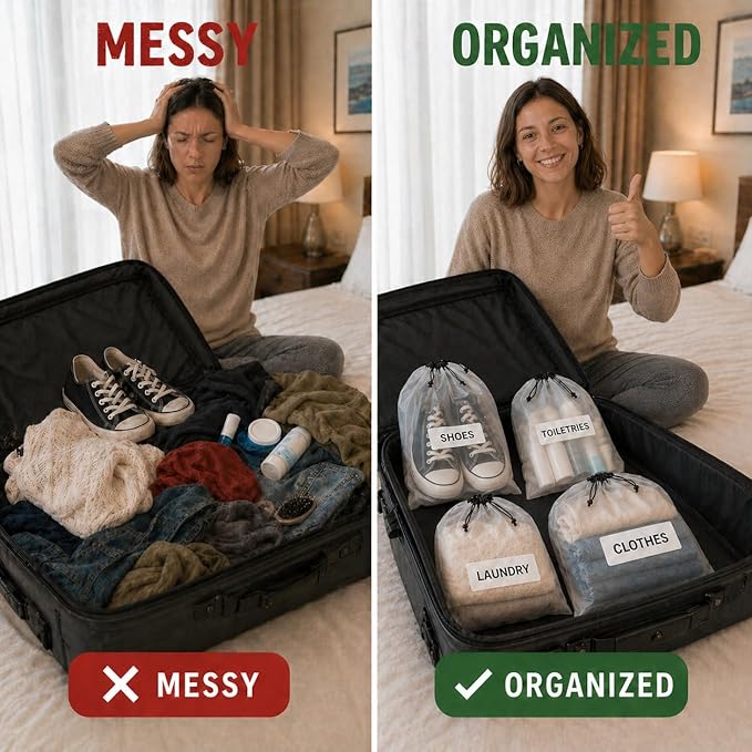 5 Pack Clear Shoe Bags for Travel Essentials, 15.7"×11.8" PEVA Drawstring, Water-Resistant, Fits up to Men’s 12–13, Reusable Storage for Clothes & Toiletries, Keep Luggage Tidy & Odor-Free