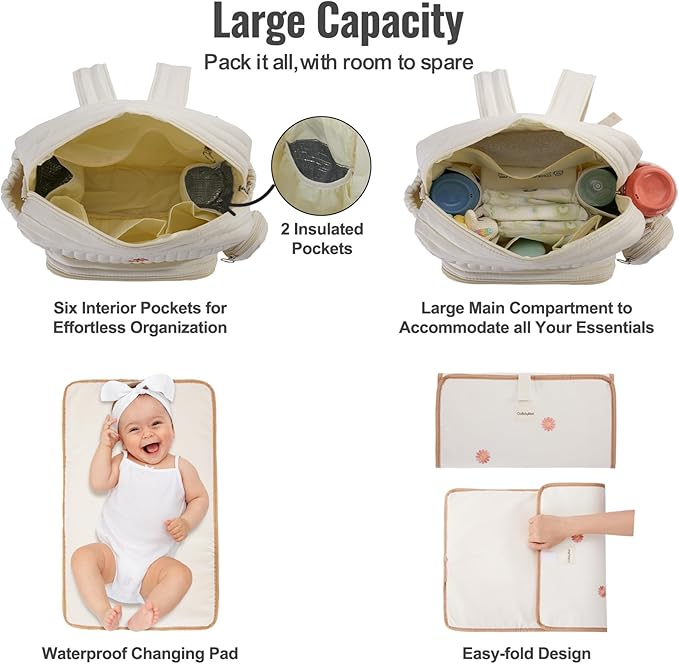 GOBABYMART Diaper Bag Backpack, Medium Maternity baby bag & Changing Pad, Insulated Pockets, Stroller Straps & Pacifier Case (Medium - Beige Flowers)
