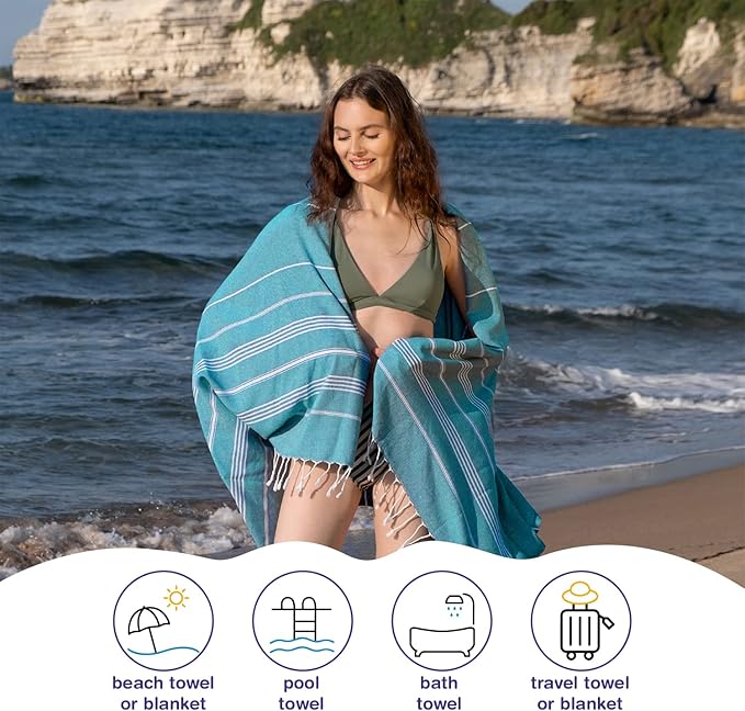 Turkish Beach Towels, Pack of 6 | Oversized, Quick Dry, Sand Free | 100% Cotton, Large 38x71 Towels for Beach, Pool, Travel | Ultra-Soft, Compact, and Absorbent | Teal