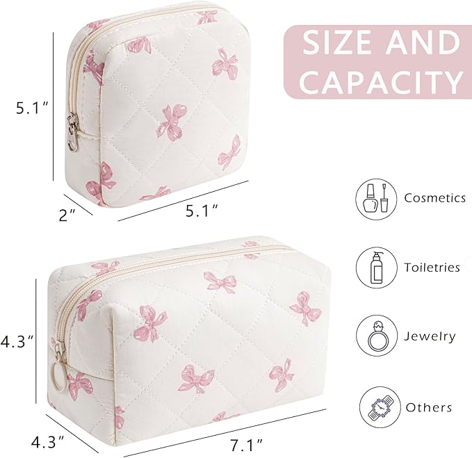 RSRSLEII 2 Pcs Quilted Cotton Makeup Bag Set, Small Aesthetic Cosmetic Bag with Bow Pattern, Cute Makeup Pouch for Purse, Kawaii Trendy Preppy Travel Toiletry Bag for Women and Girls(19 Pink Bow Set)