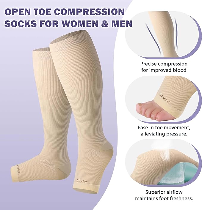 LEVSOX Open Toe Compression Socks for Women & Men 20-30mmHg Toeless Sock Knee High Support Stockings for Circulation Nurses Pregnant Travel