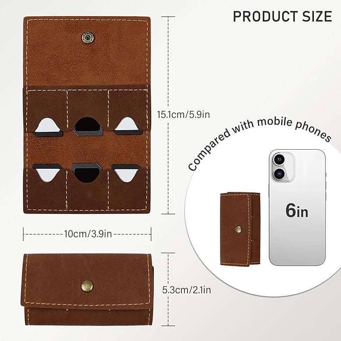 Memory Card Holder, Foldable Gaming SD Card Holder with Metal Snap Button and 6 Card Slots, Portable Retro Leather Guitar Pick Case for Travel or Daily Storage (Brown)