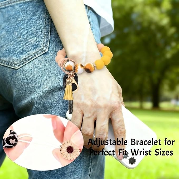 2PCS Bracelet Key Ring Set, Cute Car Key chain Wristlet, Silicone Beaded Bangle keyChains for Women Girls