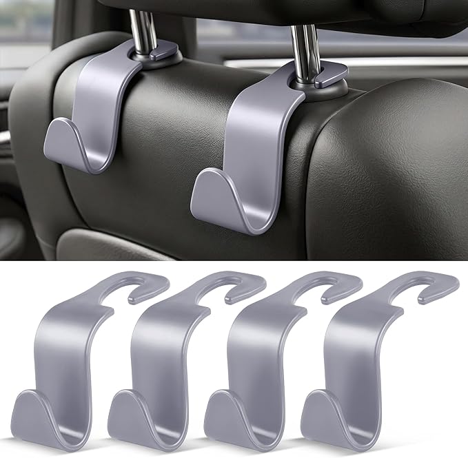 SINGARO 4 Pack Car Seat Headrest Hooks, Vehicle Back Seat Hanger Storage Organizer for Purse Handbag Backpack Coat Grocery, 360° Rotating Heavy Duty Holds 44lbs, Gray