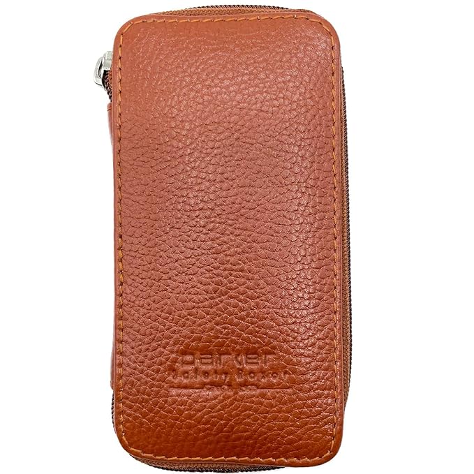 Parker Saddle‑Brown Leather Double Edge Safety Razor Case with Blade Compartment – Zip Travel Pouch