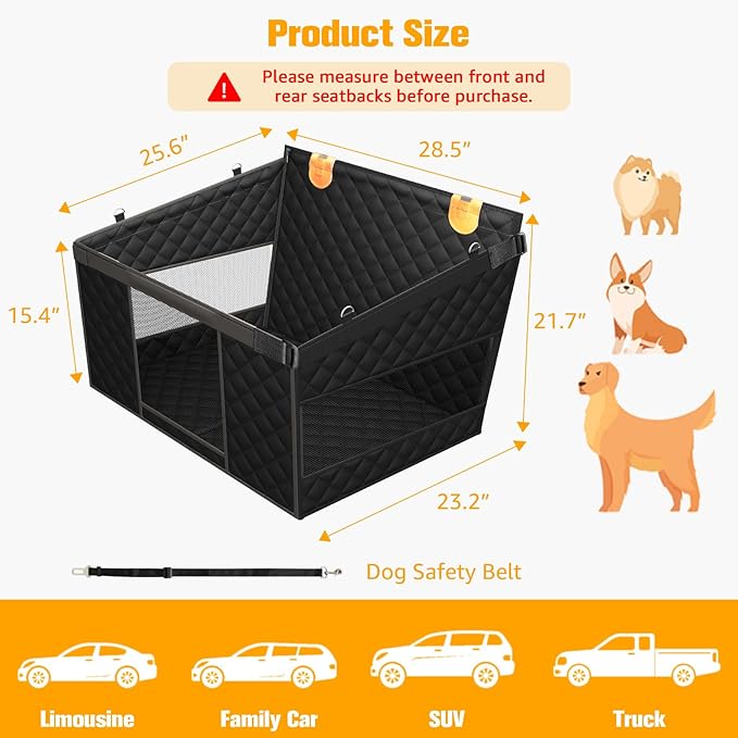 PETICON Large Dog Car Seat, Back Seat Extender for Dogs with 3 Mesh Windows, Waterproof Medium Carseat for Dogs with Hard Bottom, Pet Seat Cover for Cars, Trucks and SUVs