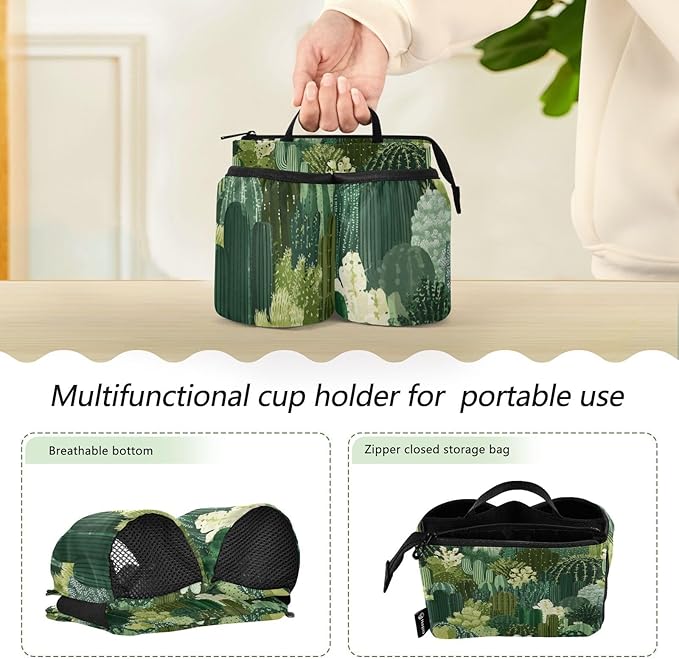 Luggage Cup Holder for Suitcases Free Hands Suitcase Cup Holder Travel Luggage Drink Holder Portable Luggage Cup Caddy Bag Carrier with Handle Green Cacti Plants