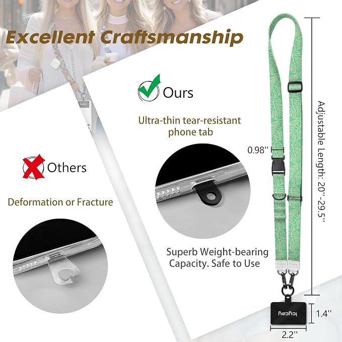 Icycay Phone Lanyard Crossbody, Green Tropical Leaves Cell Phone Strap for Around The Neck Adjustable, Teacher Anti Theft Cute Lanyard for ID Holder Keys Accessories Travel Essential