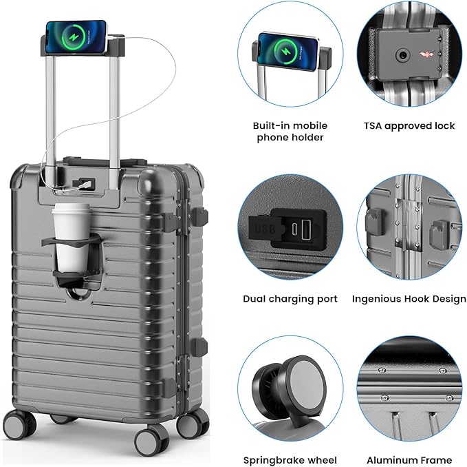 24 Inch Checked Luggage with Cup Holder, Zipperless PC Hard Shell Suitcase, 360° Spinner Wheels, TSA Lock for Short Trips and Business Travel