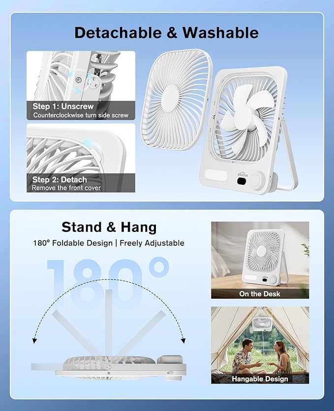 WHATOOK Small Desk Fan Rechargeable - 10000mAh Battery Operated Portable Fan with 100 Speeds & Night Light, Ultra Quiet Personal Desktop Fan for Bedroom, Office, Camping & RV Tent (White)