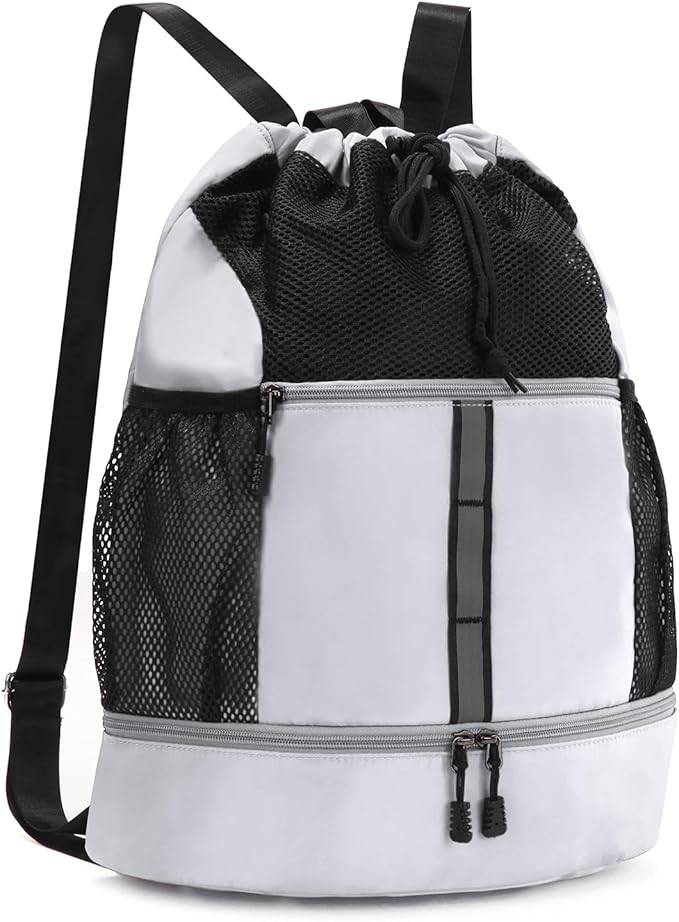 Valleycomfy Drawstring Gym Bag Sports Backpack With Shoe Compartment and Reflective Strips White