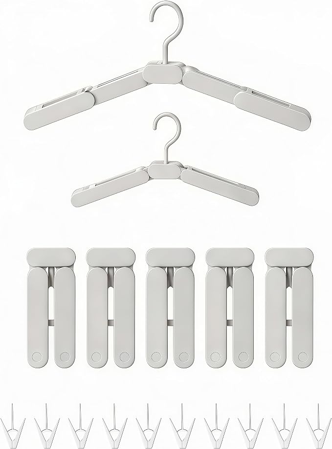 Foldable Travel Hangers with Clips 5 Pack Adjustable Collapsible Cruise Essentials 2026 - Portable Space Saving Travel Must Haves for Hotel Cruise Ship RV Dorm Room with 10 Non-Slip Clips & Shoe Hooks