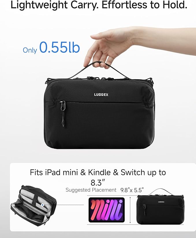 LUGGEX Large Travel Tech Pouch, Cable Organizer Bag with Removable Crossbody Strap, Dual Accessories Bag & Water Resistant for Kindle, Chargers, Cord, Earphone for Travel Office, Beige