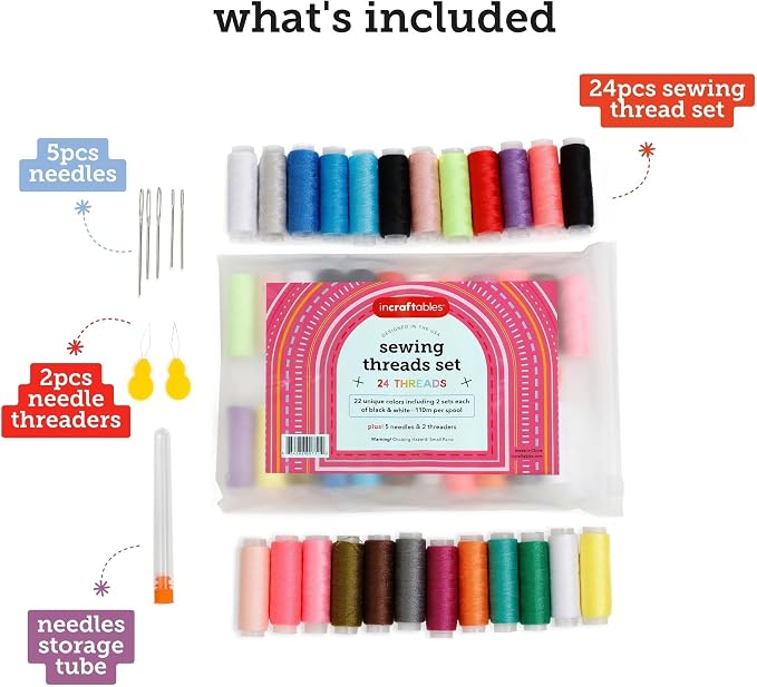 Incraftables Sewing Thread Assortment (24 Pcs Set). Best Polyester Thread for Sewing Machine (360ft per Spool). All Purpose Kit for DIY Embroidery, Quilting & Hand Stitching