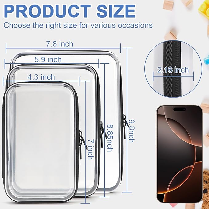 YOPCDJ 3 Pack Clear Hard Shell Zipper Case, Clear Zipper Pouches Waterproof Makeup Organizer & Travel Toiletry Bag, Diaper Bag Organizing Pouches, Plastic Pouch for Office Home Storage, LMS,Blcak