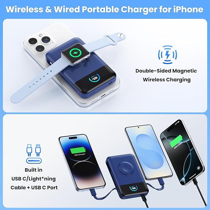 Ekrist Magnetic Portable Charger for MagSafe with Built-in Cable,iWatch Charger,Wireless Power Bank Travel Essentials,25W Fast Charging Battery Pack for iPhone 17/16/15,Apple Watch(Blue,10800mAh)