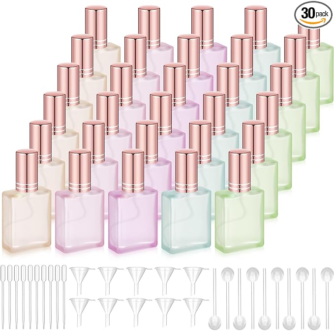 Domensi 30 Pcs 10/15/30/50 ml Glass Perfume Bottles Mini Glass Empty Spray Atomizer Bottles Bulk Refillable Perfume Dispenser Container with Pump Tool for Travel Skin Care (15 ml,Floral Color)