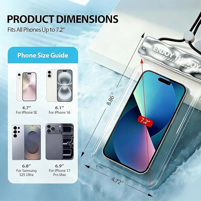 Waterproof Phone Pouch, Large Waterproof Phone Case for iPhone 17 16 15 Pro Max, IPX8 Lightweight Cellphone Dry Bag, Beach Cruise Ship Essentials,1 Pack-Bright Silver-8.3″