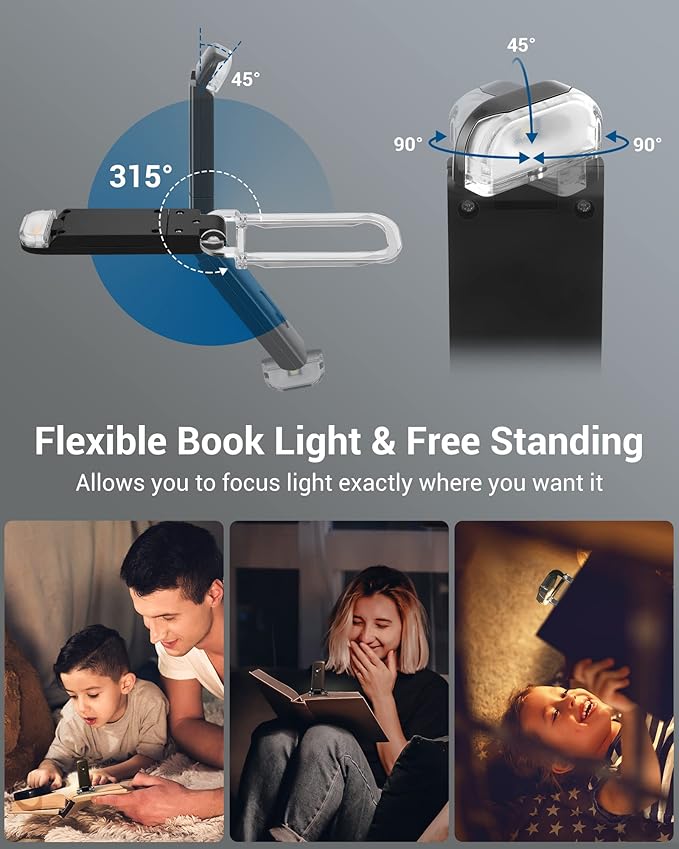 DEWENWILS Booklight with Clip, USB Rechargeable Book Light for Reading in Bed, Clip on Book Lamp for Reading at Night, Brightness Adjustable, Sleep Aid Light, Warm White (Black)