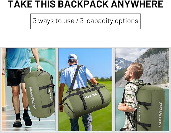 Hulongo 40L/60L/90L Large Waterproof Duffle Bag Backpack for Men, Mens Duffel Backpack Bags for Traveling, Heavy Duty (Green, 90l)