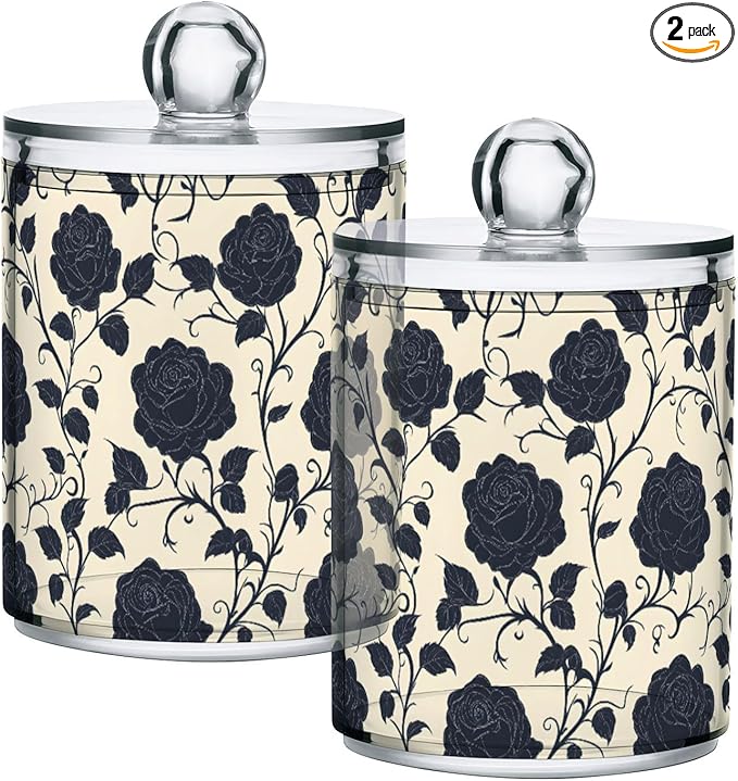 2 Pack Qtip Holder Organizer Dispenser Black Roses Tile Pattern Bathroom Storage Canister Cotton Ball Holder Container for Cotton Pads/Swabs/Floss