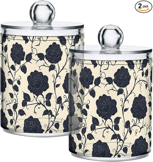 2 Pack Qtip Holder Organizer Dispenser Black Roses Tile Pattern Bathroom Storage Canister Cotton Ball Holder Container for Cotton Pads/Swabs/Floss