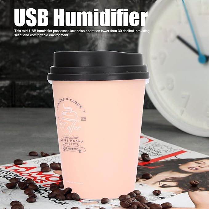 Humidifiers for Bedroom, 300ml Cool Mist Humidifiers, USB Mini Cute Coffee Cup Humidifier Car Desk Low Noise Auto Shut-Off for Car Plant Office(Pink)