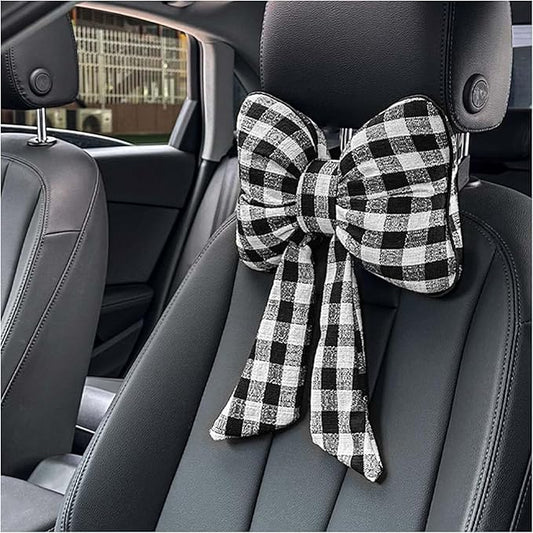 2026 New Bow Car Neck Pillow,Stylish Car Headrest Pillow with Black & White Check for Cars Decorations,Breathable Comfortable Neck Pillows for Cars as Halloween