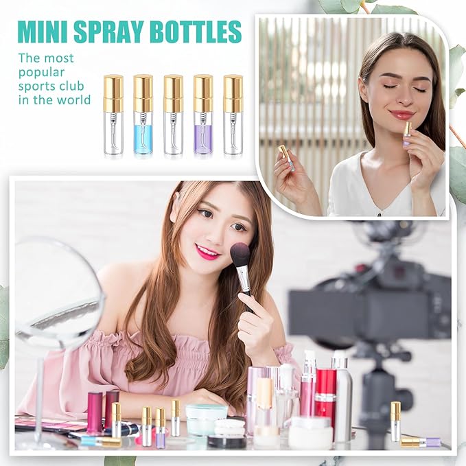 Zhehao 1 Pcs Mini Spray Bottles Clear Glass Perfume Bottles Refillable Fine Mist Perfume Atomizer Portable Empty Sample Containers for Cleaning, Essential Oils, Travel (Gold Cap,3 ml)